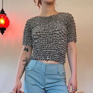 Vintage Y2K 90’s 2000’s Silver Popcorn Shirt, Stretch Size Small Medium Large